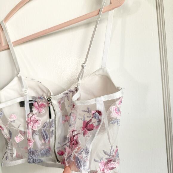 Romantic Bustier Mesh Peek-A-Boo Crop Style Top Bra Floral Embroidery Cottage M - Picture 13 of 14
